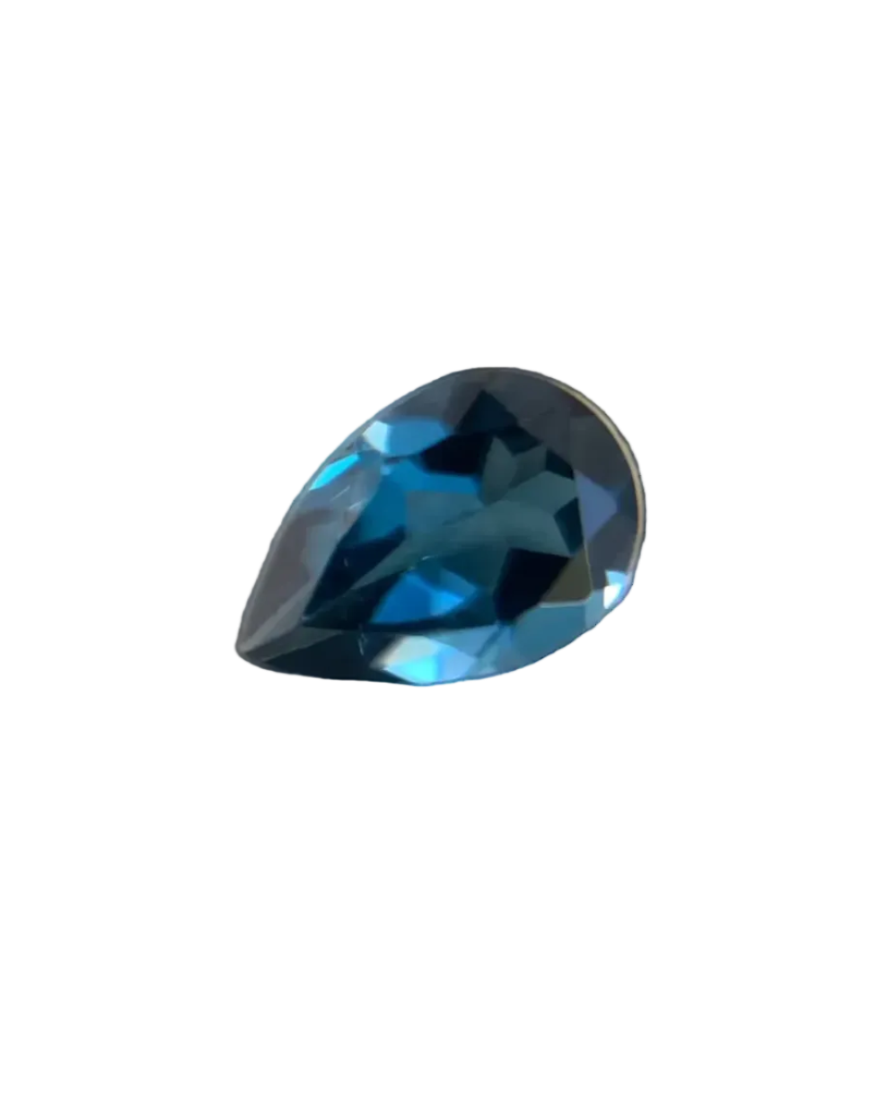 Teardrop-shaped blue gemstone on a white background