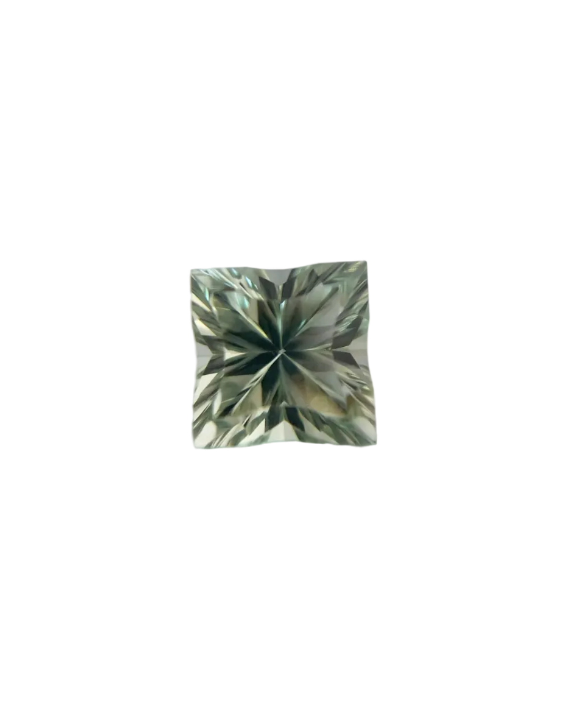 Square-shaped green gemstone on a light gray background