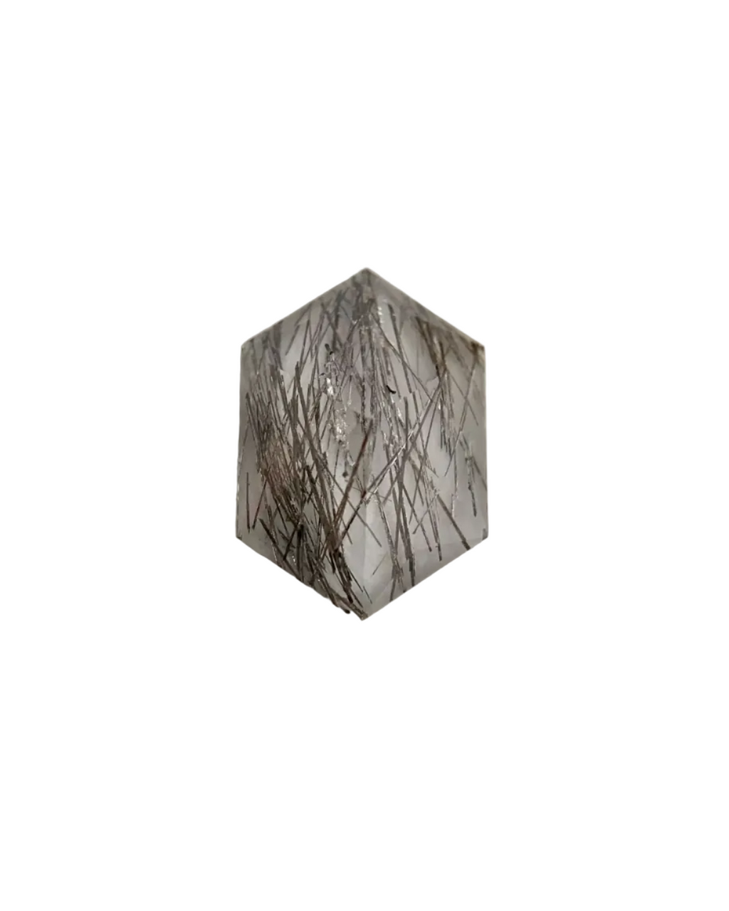 Hexagonal crystal with black inclusions on a light gray background