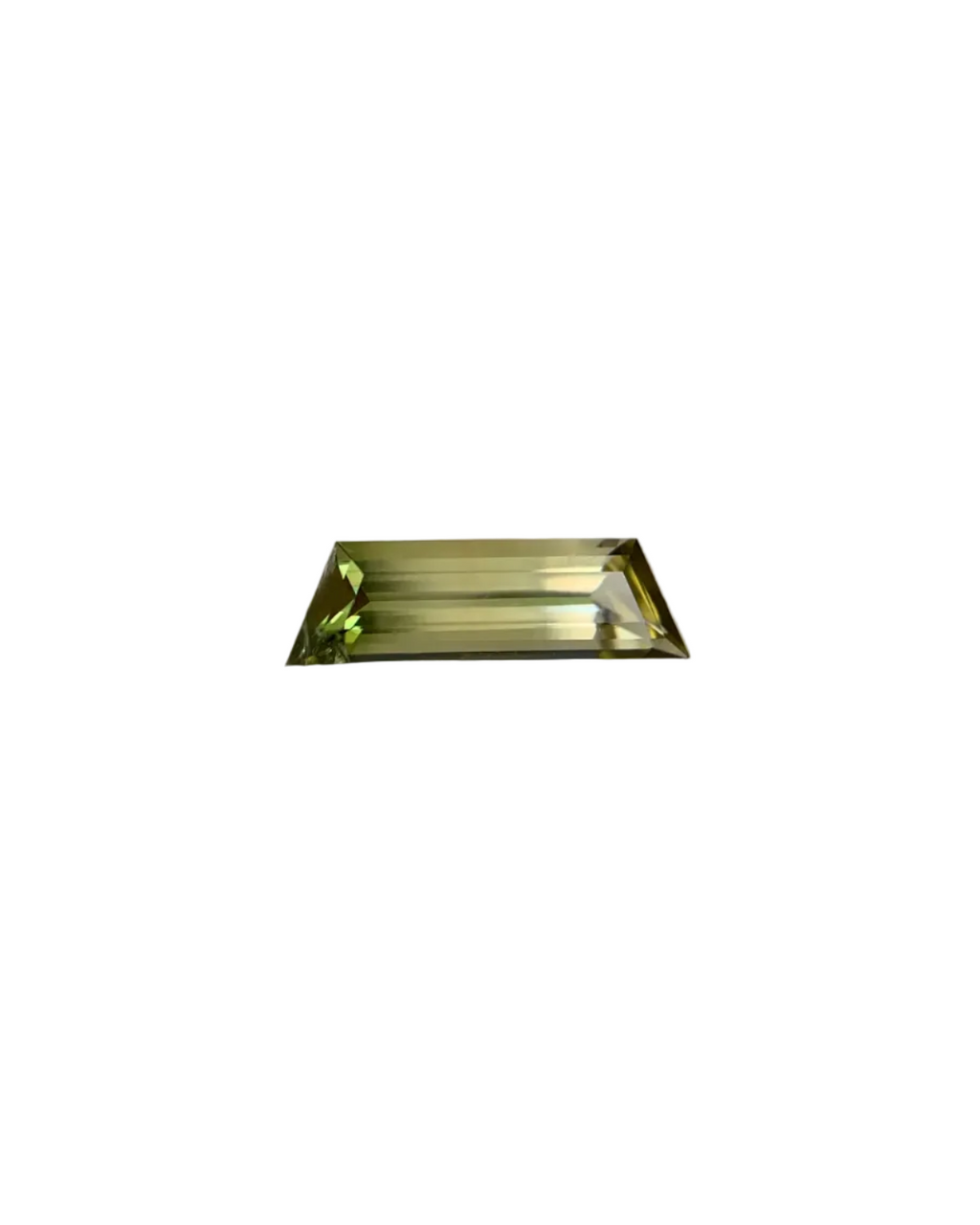 Rectangular green gemstone on a white background with product details on the right side.